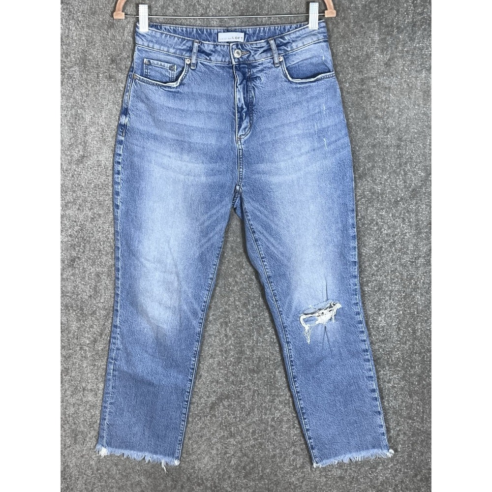 LOFT Curvy Straight Crop Jeans Womens Sz 27/4 Blue Stretch Distressed High Rise